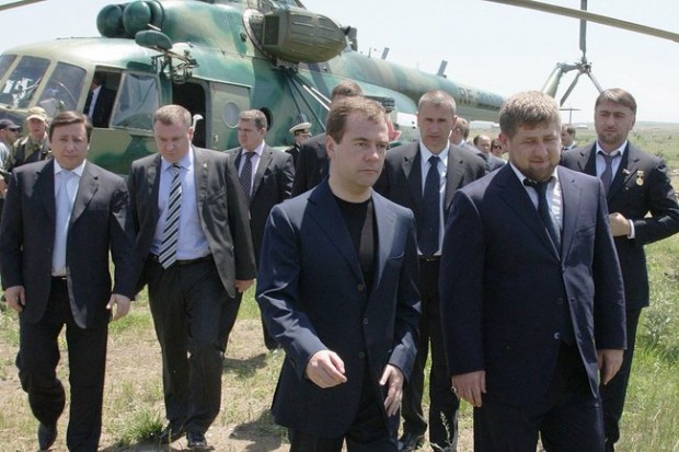 Adam Delimkhanov (on the extreme right) with Dmitry Medvedev (front left) and Ramzan Kadyrov (front right)